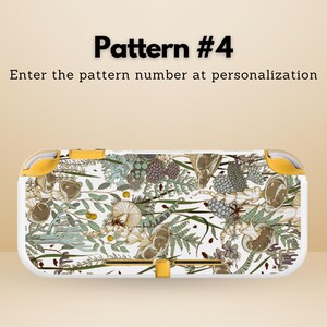 May include: A white and yellow Nintendo Switch Lite case with a botanical pattern featuring mushrooms, berries, and foliage in shades of green, brown, and purple. The text "Pattern #4" is displayed above the case.