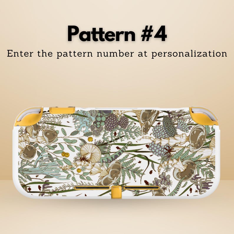 May include: A white and yellow Nintendo Switch Lite case with a botanical pattern featuring mushrooms, berries, and foliage in shades of green, brown, and purple. The text "Pattern #4" is displayed above the case.