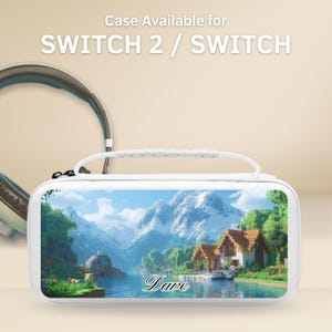 May include: White Switch 2 / Switch case with a landscape design of a lake, mountains, and houses. The case has a handle and the text "Case Available for SWITCH 2 / SWITCH" is at the top. The name "Dave" is written on the case.