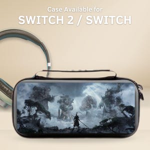 以下が含まれることがあります： ファンタジーアートデザインの黒いSwitch 2 / Switchケース。ケースはジッパー開閉式で、霧のかかった風景の中で巨大な生き物に立ち向かう戦士のグラフィックが特徴です。「Case Available for SWITCH 2 / SWITCH」の文字が上部にあります。