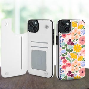Cute Floral Aesthetic Wallet Phone Case for iPhone 16 15 14 Pro Max Plus, Galaxy S25 S24 S23 Ultra Plus, Leather Stand Card Slots Case