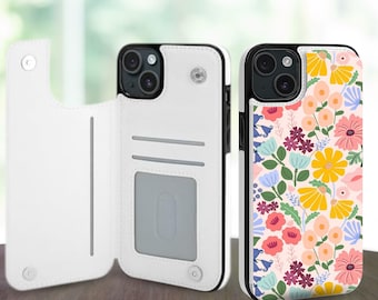 Jolie coque de téléphone portefeuille esthétique florale pour iPhone 17 16 15 14 Pro Max Plus, Galaxy S25 S24 S23 Ultra Plus, étui en cuir avec fentes pour cartes