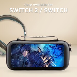 Op de afbeelding: Zwarte draagtas voor Switch 2 / Switch met een levendige anime-stijl afbeelding. De tas heeft een ritssluiting en een handvat. De tekst "Case Available for SWITCH 2 / SWITCH" staat bovenaan.