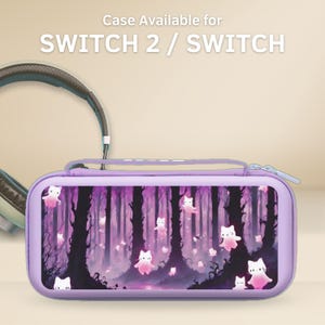 May include: A purple Switch 2 / Switch case with a forest scene featuring floating cat-like creatures. The case has a zipper closure and a small pocket. The text "Case Available for SWITCH 2 / SWITCH" is at the top.
