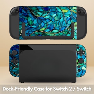 May include: A black Nintendo Switch dock and console case with a blue and green stained glass leaf design. The text "Dock-Friendly Case for Switch 2 / Switch" is at the bottom of the image.