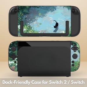 Może przedstawiać: Czarno-zielone etui kompatybilne z dokiem Switch 2 / Switch z motywem natury. Etui przedstawia sylwetkę czarnego kota w scenerii stawu. Tekst "Dock-Friendly Case for Switch 2 / Switch" znajduje się na dole.