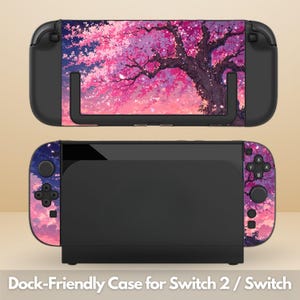 May include: Black dock-friendly case for Switch 2 / Switch. The case features a vibrant design of a pink and purple cherry blossom tree. The Switch controllers have a matching design. The text "Dock-Friendly Case for Switch 2 / Switch" is at the bottom.