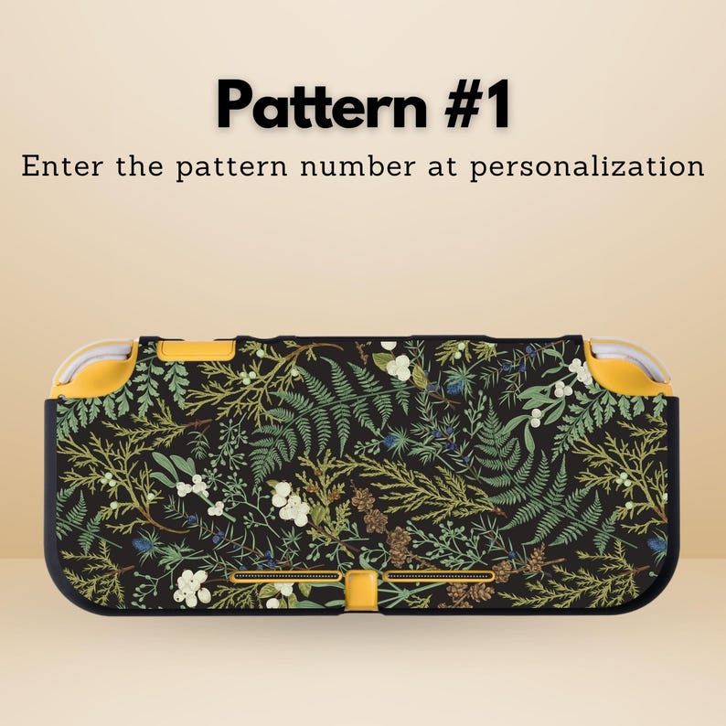 May include: A black and yellow patterned case for a handheld gaming console. The case features a botanical design with ferns, white flowers, and other foliage. The text "Pattern #1" and "Enter the pattern number at personalization" are displayed.