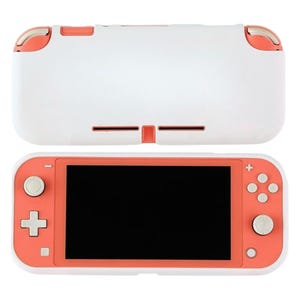 May include: A white and coral-colored handheld gaming console with a black screen. The console has a white top cover and a coral-colored frame with buttons and controls. The design is sleek and modern, with a focus on functionality and aesthetics.