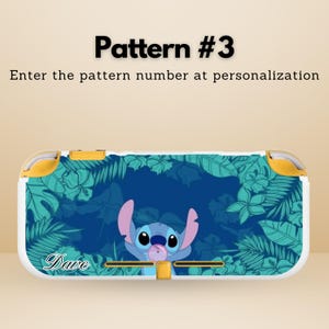 May include: A white and yellow Nintendo Switch case featuring a blue and teal floral design with Stitch blowing a bubble. The text "Pattern #3" and "Enter the pattern number at personalization" are displayed.