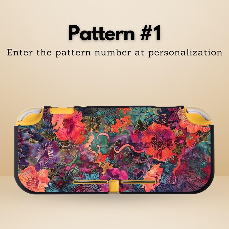 May include: A floral patterned Nintendo Switch Lite case. The case features a vibrant design with red, pink, purple, and teal flowers. The text "Pattern #1" and "Enter the pattern number at personalization" are displayed at the top.