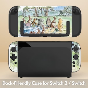 May include: Black dock-friendly case for Switch 2 / Switch featuring a colourful illustration of Winnie the Pooh and friends. The case shows the characters at a picnic, with a forest backdrop. The text "Dock-Friendly Case for Switch 2 / Switch" is at the bottom.