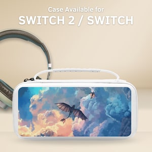 May include: White carrying case with a dragon and cloud design. The case has a handle and a zipper closure. The text "Case Available for SWITCH 2 / SWITCH" is at the top of the image. A pair of headphones is in the background.