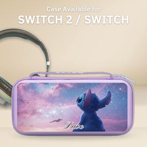 May include: A purple Switch 2 / Switch case featuring a cartoon character against a backdrop of a starry sky. The case has a zipper closure and a matching purple handle. The text "Case Available for SWITCH 2 / SWITCH" is at the top.