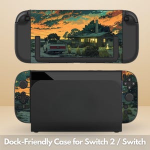 May include: A black dock-friendly case for a Switch 2 / Switch. The case has a colourful graphic of a house, car, and sunset. The Switch is shown in two parts, with the screen and controllers visible.