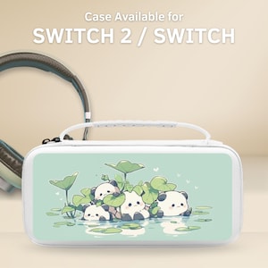 May include: A white Switch 2 / Switch case with a light green background featuring an illustration of pandas in a pond with lily pads. The case has a white handle and a zipper. The text "Case Available for SWITCH 2 / SWITCH" is at the top.