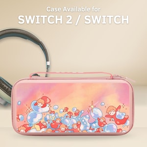 May include: A pink Switch 2 / Switch case featuring a cartoon illustration of figures in a bubble-filled scene. The case has a zip closure and a matching pink handle. Text at the top reads "Case Available for SWITCH 2 / SWITCH".
