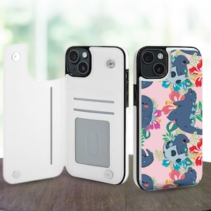Cartoon Dinosaur Aesthetic Wallet Phone Case for iPhone 16 15 14 Pro Max Plus, Galaxy S25 S24 S23 Ultra Plus, Leather Stand Card Slots Case