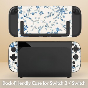 May include: A black and white Nintendo Switch case with a floral design in blue. The case is dock-friendly and features the text "Dock-Friendly Case for Switch 2 / Switch" at the bottom.