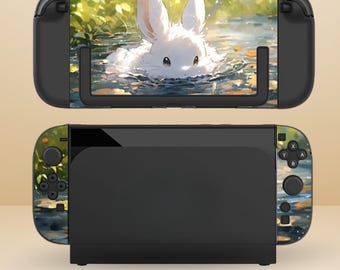 かわいいウサギの漫画デザインのドッキング可能な保護スイッチケース（NS Switch 2 7.9インチ、Switch/Switch OLED対応）、傷防止、衝撃吸収シェルカバー