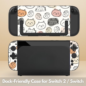 May include: A black Switch 2 / Switch dock-friendly case with a white background and a repeating pattern of cartoon cats in various colors. The case is designed to fit the Switch 2 / Switch console and its controllers.