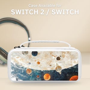 May include: White Switch 2 / Switch case with a handle, featuring a watercolor design of planets and space. The case has a zipper closure and a white handle. The text "Case Available for SWITCH 2 / SWITCH" is displayed at the top.