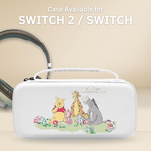 May include: White Switch 2 / Switch case with a handle, decorated with Winnie the Pooh, Piglet, Tigger, and Eeyore. The case has a floral design and the text "Case Available for SWITCH 2 / SWITCH" at the top.