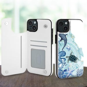 Custodia a portafoglio con motivo Marine Life per iPhone 16, 15, 14 Pro Max Plus, Galaxy S25, S24, S23 Ultra Plus, in pelle con supporto e slot per carte di credito.
