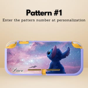 May include: A light purple Nintendo Switch case featuring a blue cartoon character against a galaxy background. The case has yellow accents and the name "Dave" is written on the front. Text at the top reads "Pattern #1".