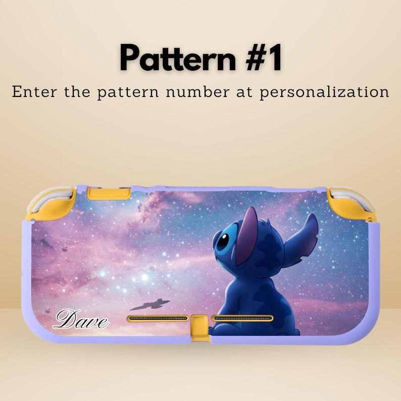 May include: A light purple Nintendo Switch case featuring a blue cartoon character against a galaxy background. The case has yellow accents and the name "Dave" is written on the front. Text at the top reads "Pattern #1".