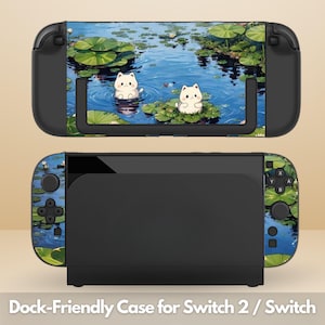 May include: Black dock-friendly case for Switch 2 / Switch with a matching console case. The console case features a serene pond scene with lily pads and two cartoon cats. The text "Dock-Friendly Case for Switch 2 / Switch" is at the bottom.