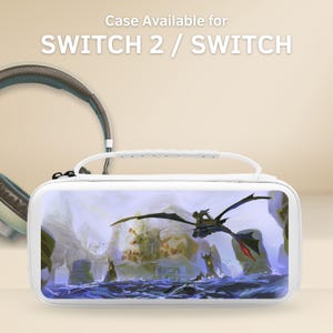 Peut inclure: Étui de transport blanc pour Switch 2 / Switch avec un paysage fantastique et un dragon en vol. L'étui a une poignée et une fermeture éclair blanches. Le texte "Case Available for SWITCH 2 / SWITCH" est en haut.