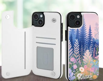 Étui portefeuille personnalisé fleurs sauvages pour iPhone 17 16 Pro Max Plus, Galaxy S26 S25 S24 Ultra Plus, étui en cuir avec fentes pour cartes