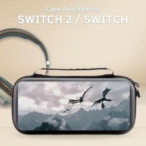 May include: A black case for Switch 2 / Switch with a screen displaying a fantasy landscape with flying dragons. The case has a zipper closure and a handle. A pair of headphones is visible in the background.