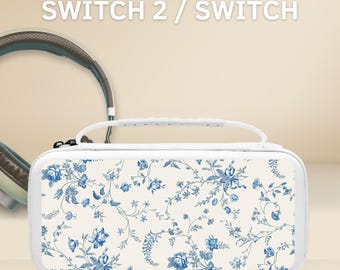 Könnte beinhalten: Weißes Switch 2 / Switch-Etui mit blauem Blumenmuster. Das Etui hat einen Griff und einen Reißverschluss. Der Text "Case Available for SWITCH 2 / SWITCH" steht oben.