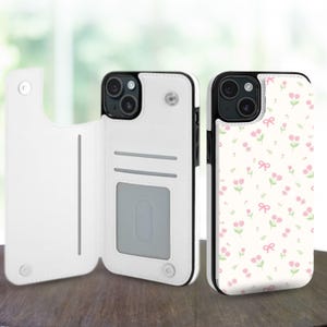Kawaii Bow Floral Aesthetic Wallet Phone Case for iPhone 16 15 14 Pro Max Plus, Galaxy S25 S24 S23 Ultra Plus, Leather Stand Card Slots Case