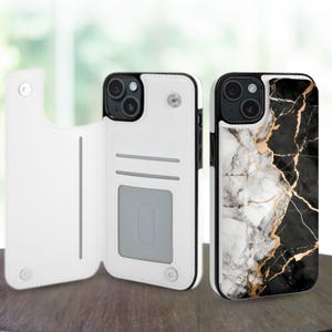 Custodia a portafoglio con motivo marmo nero per iPhone 16, 15, 14 Pro Max Plus, Galaxy S25, S24, S23 Ultra Plus, custodia in pelle con supporto e slot per carte