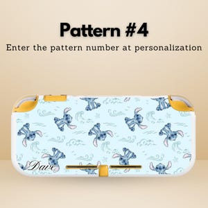 May include: A light blue Nintendo Switch Lite case featuring a repeating pattern of a cartoon character with blue fur and pink ears. The case has yellow accents and the text "Pattern #4" and "Enter the pattern number at personalization".