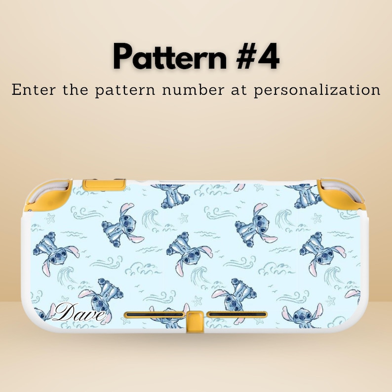 May include: A light blue Nintendo Switch Lite case featuring a repeating pattern of a cartoon character with blue fur and pink ears. The case has yellow accents and the text "Pattern #4" and "Enter the pattern number at personalization".
