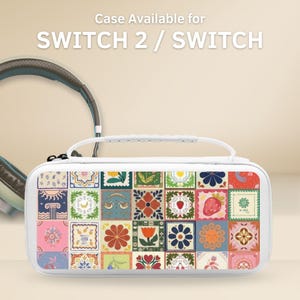 May include: A white rectangular carrying case with a top handle, featuring a colorful grid pattern of various botanical and geometric illustrations. The text "Case Available for SWITCH 2 / SWITCH" is printed above the case in white lettering.