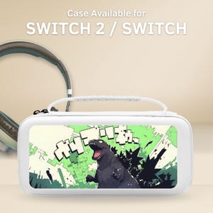 May include: White Switch 2 / Switch case with a Godzilla graphic. The case has a handle and a zipper closure. The text "Case Available for SWITCH 2 / SWITCH" is at the top of the image. A pair of headphones is in the background.