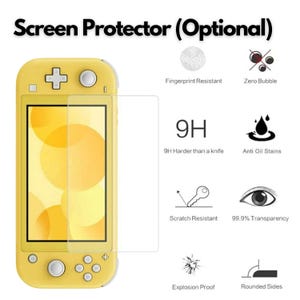 May include: A yellow handheld game console with a screen protector. The screen protector is clear and has features such as fingerprint resistance, zero bubbles, and scratch resistance. Text on the image reads "Screen Protector (Optional)" and "9H".