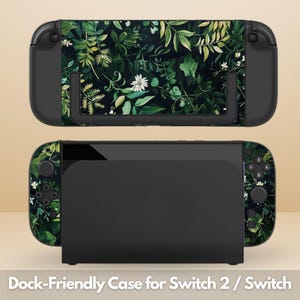 May include: A black Nintendo Switch dock and console case with a dark green and white floral design. The case features a pattern of leaves and flowers. The text "Dock-Friendly Case for Switch 2 / Switch" is at the bottom.