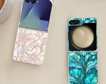 Gebrandschilderd glas bloemen Galaxy Flip Phone-hoesje voor Samsung Galaxy Z Flip 7 7FE, Flip 6, Flip 5, Galaxy ZFlip schokbestendige hoes
