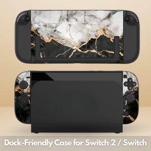 May include: Black Switch 2 / Switch dock-friendly case with a marble design. The case features a black, white, and gold marble pattern. The text at the bottom reads "Dock-Friendly Case for Switch 2 / Switch".