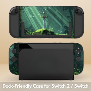 May include: Black dock-friendly case for Switch 2 / Switch. The case features a forest scene with a sword on the front. The controllers have a green forest design. The text "Dock-Friendly Case for Switch 2 / Switch" is at the bottom.