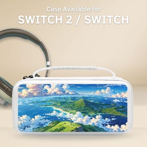 May include: White Switch 2 / Switch case with a scenic landscape design featuring a person on a hill, ocean, and clouds. The case has a white handle and the text "Case Available for SWITCH 2 / SWITCH" is at the top.