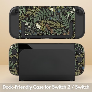 以下が含まれることがあります： Switch 2 / Switch 用の、ドックフレンドリーな黒いケース。植物のデザインが施されています。ケースは、緑、白、茶色の花とシダのパターンが施された暗い背景が特徴です。「Dock-Friendly Case for Switch 2 / Switch」というテキストが下にあります。