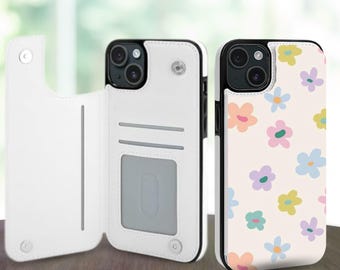 Jolie coque de téléphone portefeuille esthétique florale pour iPhone 17 16 15 14 Pro Max Plus, Galaxy S25 S24 S23 Ultra Plus, étui en cuir avec fentes pour cartes