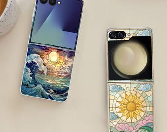 Cute Stained Glass Sun Galaxy Flip Phone Case for Samsung Galaxy Z Flip 7 7FE, Flip  6, Flip 5, Galaxy ZFlip 7 6 5, Shockproof Cover